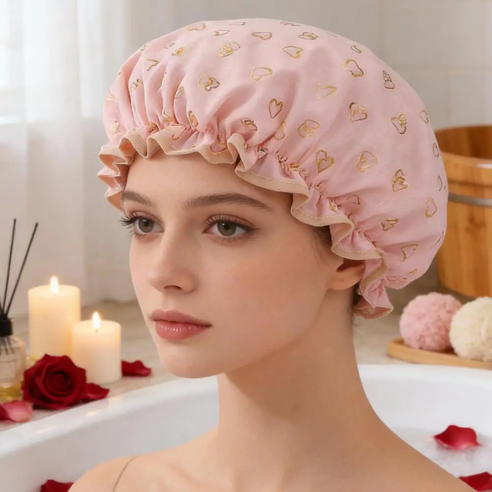 Large Shower Caps For Women, Reusable Waterproof Shower Cap Double Layers Bath Caps With Hair Scrunchies For Long Thick Hair