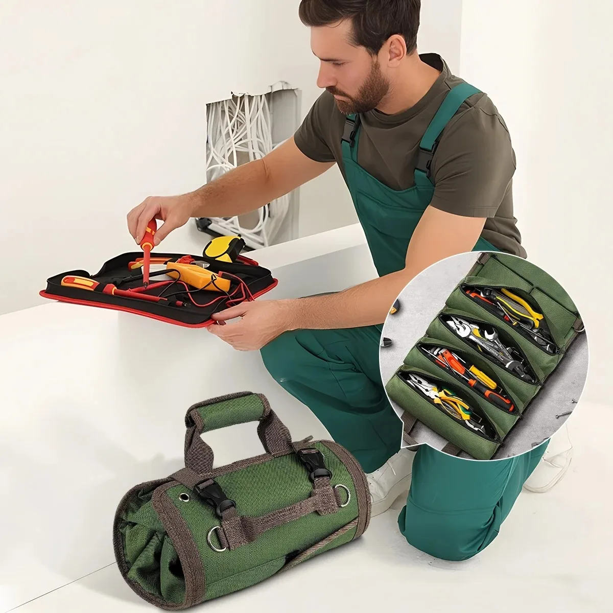 Professional Tool Bag for Mechanics Electricians Carpenters Oxford Roll Up Organizer Garage Storage Portable Multiple Zipper