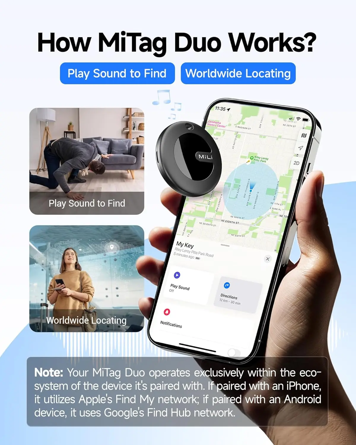 MiTag Duo Smart Tracker Tag Item Finders Compatible with IOS and Google Find Hub App IP67 Waterproof Bluetooth Tracking Tag