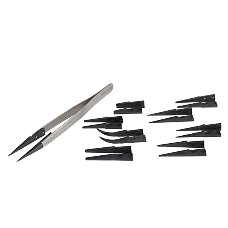 ESD 259 High Quality Handle Stainless Tweezers With 8Pcs Exchengeable Antistatic Plastic Tips Suit For Different Work