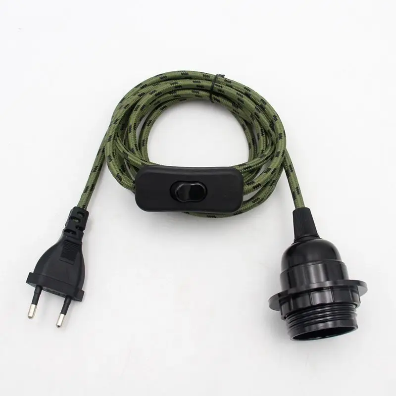 220V AC EU Plug Power Cord Fabric Covered Cable with On/Off Switch E27 Bakelite Lamp Holder Plug-In Cords for DIY Hanging Light