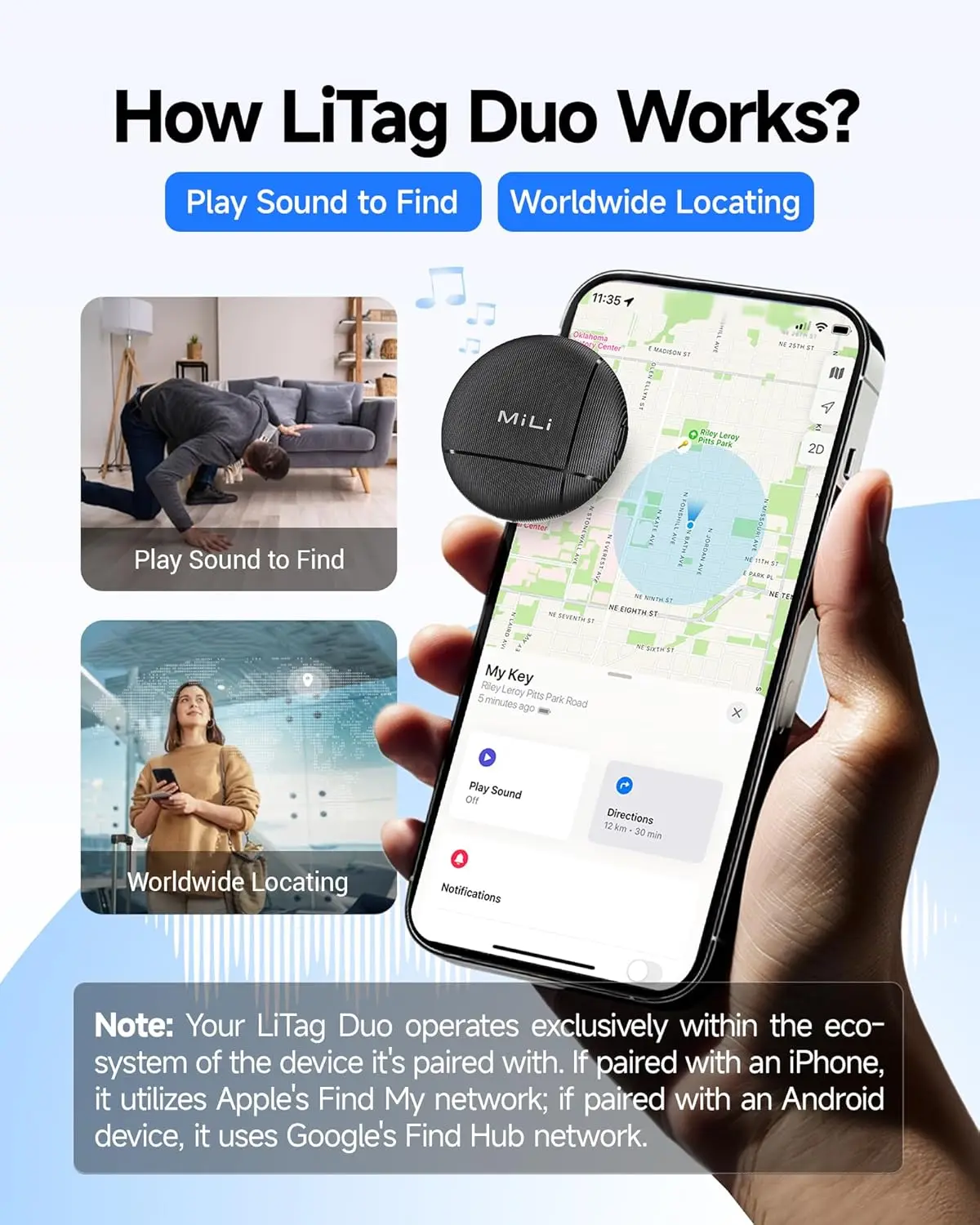 LiTag Duo Tracker Tag MiLi Smart Tag Item Finders Compatible with IOS Find My or Google Find Hub App Key Finder Item Locator