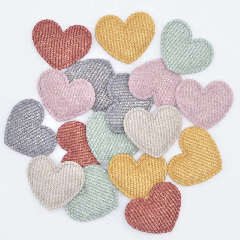 50Pcs/lot 35*30mm Padded Glitter Cloth Heart Appliques for DIY Hat Clothes Leggings Sewing Supplies Headwear Decor Patches