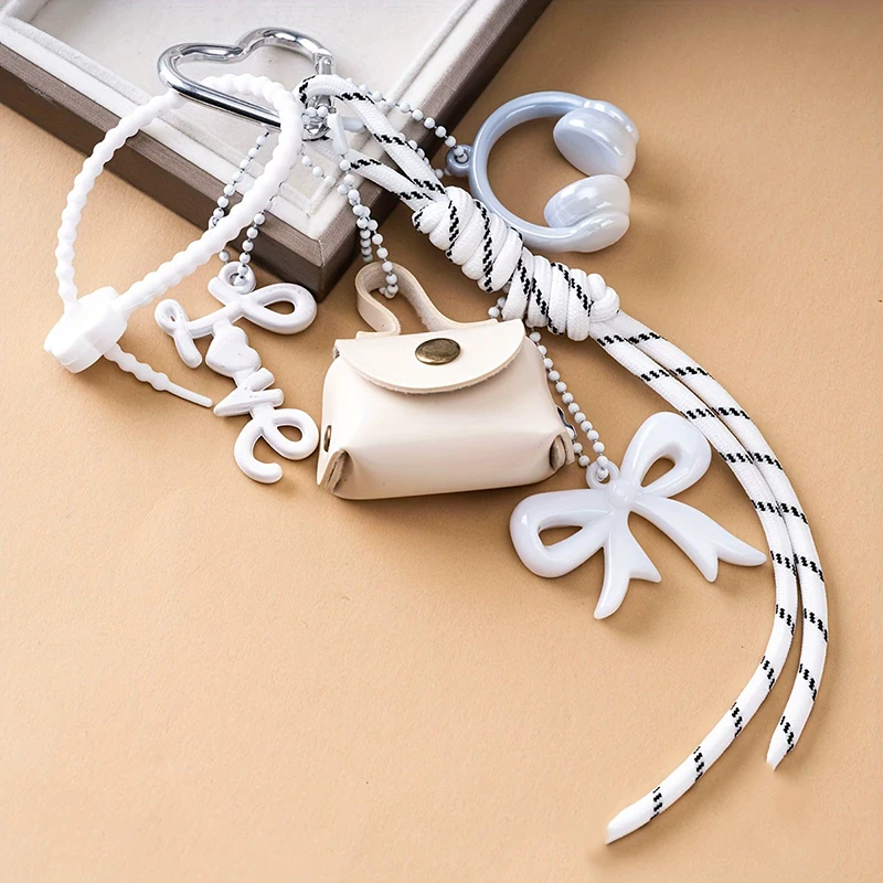 Maillard Style Mini PU Leather Bag Keychain Retro Heart Shape Pendant Bag Charm Woven Rope Hanging Piece Accessories