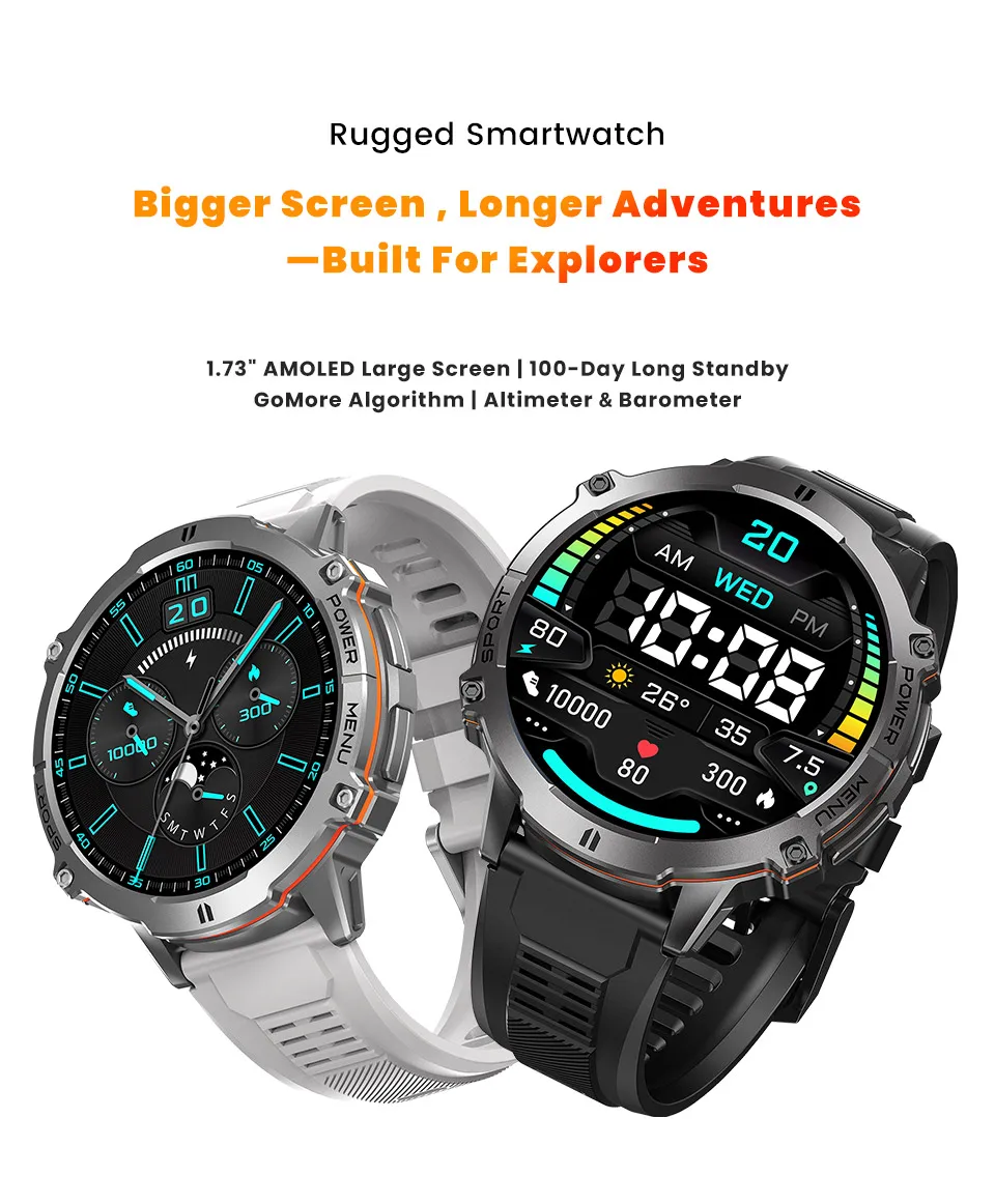 Mens Military T REX 3 Smartwatch 1.73" AMOLED Compass BT Call 1ATM Waterproof Wrist Sport Smart Watches for Man IOS Android 2026