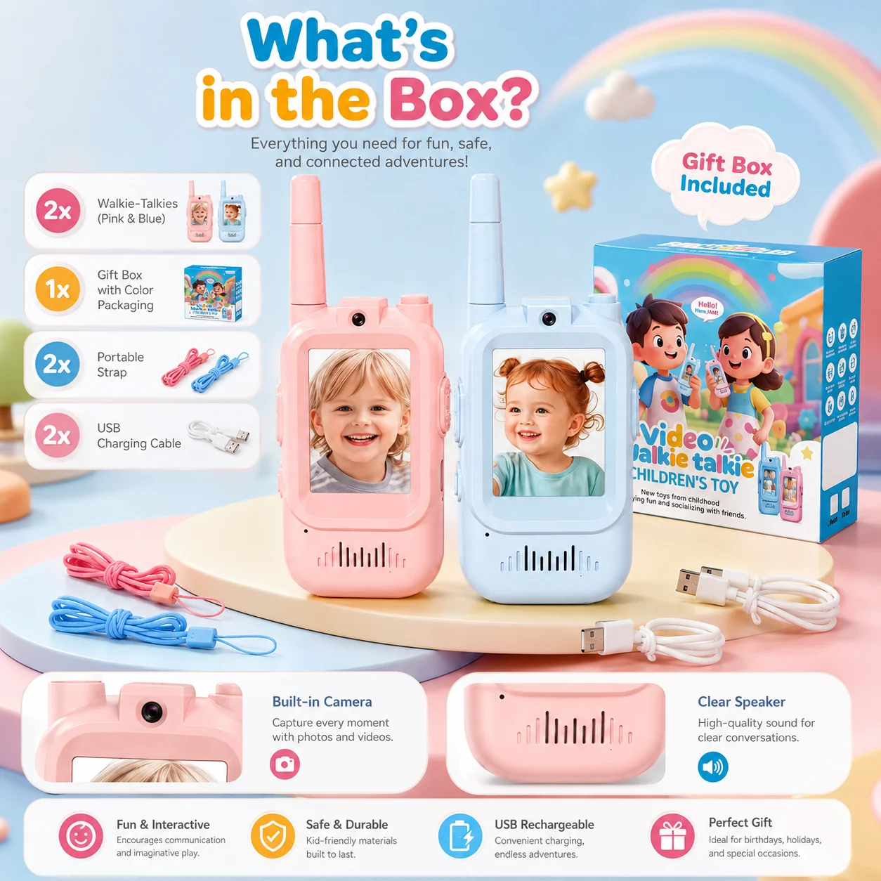 2PCS Kids Video Walkie Talkies USB Charging Indoor and Outdoor High Definition Intercom Children's Toys Birthday Gifts Ages 3-12