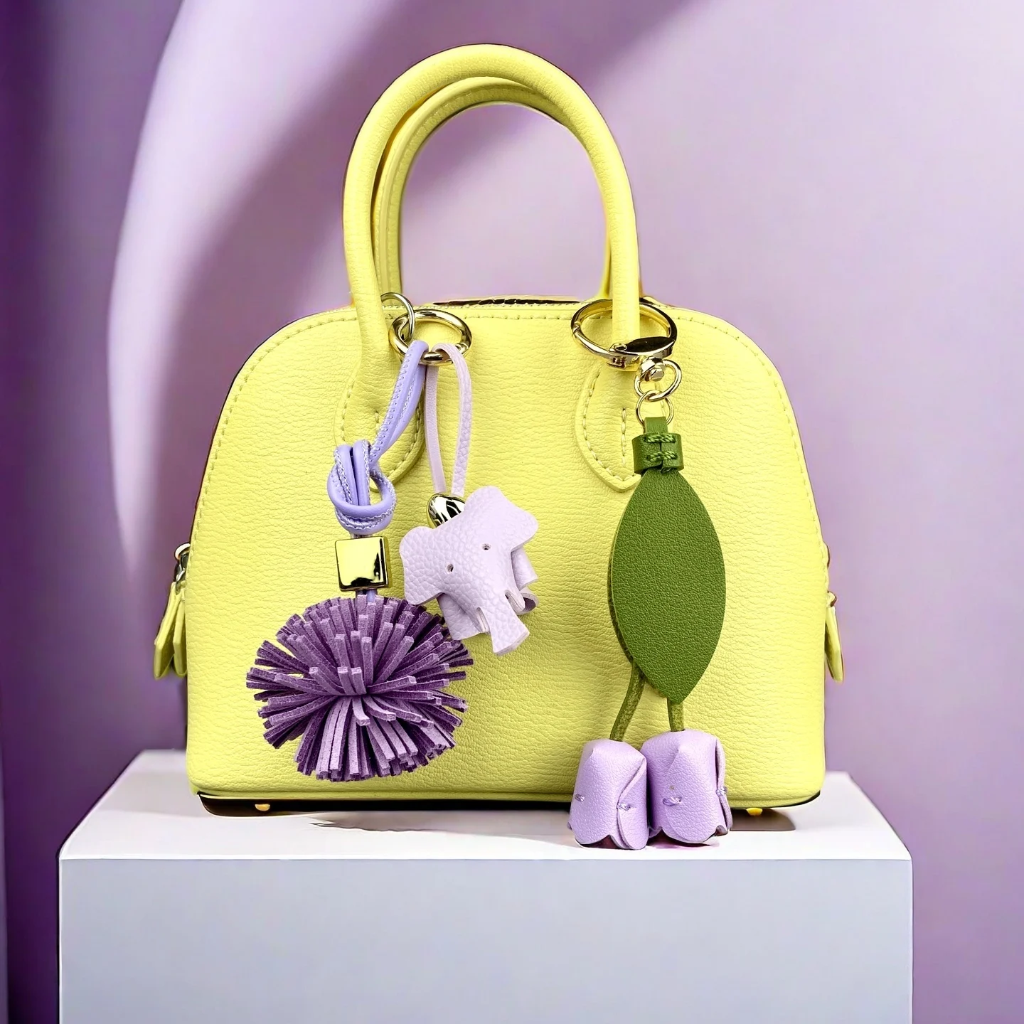 Purple Butterfly & Flower Keychain Charm Set, Cute PU Leather Floral Bag Accessories for Purple Lovers/Realistic Bloom/Good Gift