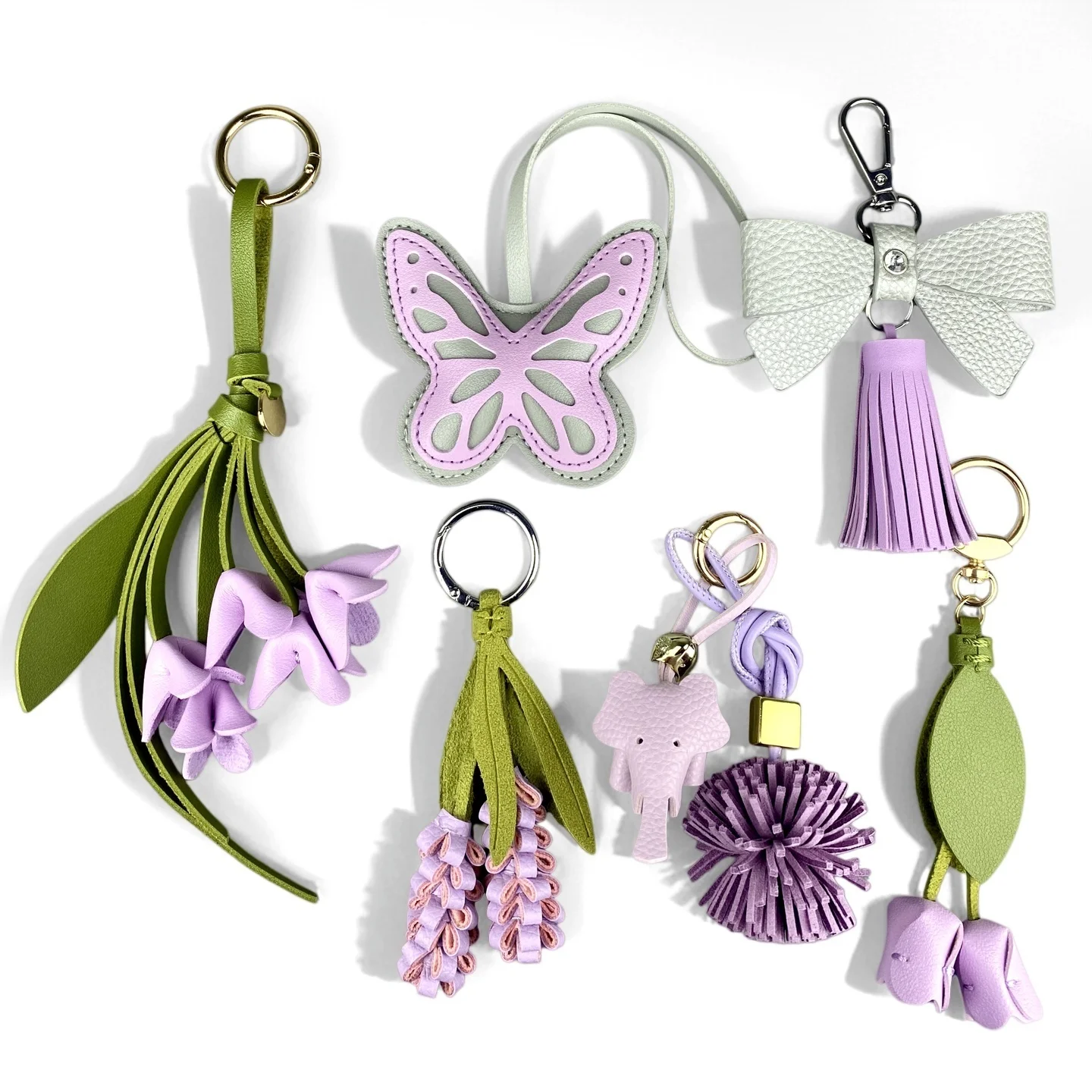 Purple Butterfly & Flower Keychain Charm Set, Cute PU Leather Floral Bag Accessories for Purple Lovers/Realistic Bloom/Good Gift