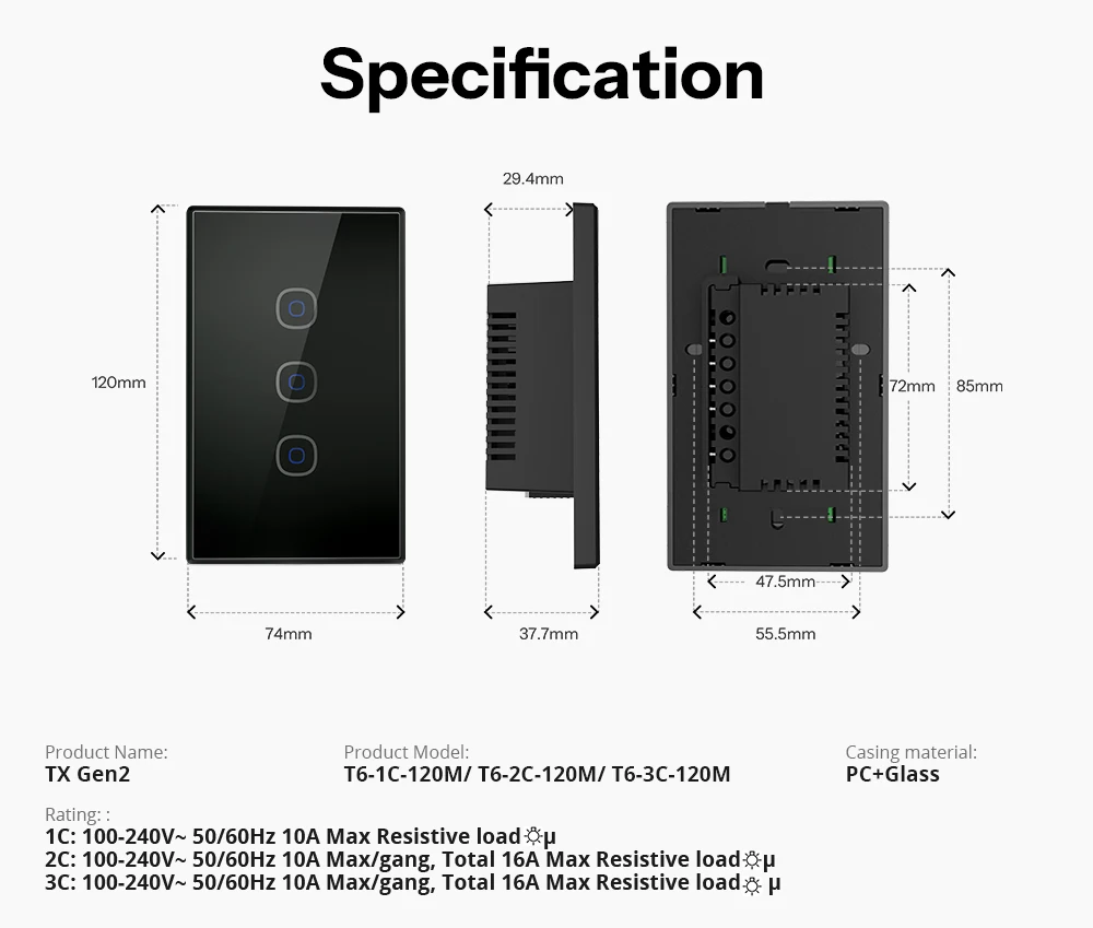 SONOFF T6 120 1/2/3 Gang Black TX Gen2 Matter Smart Touch Wall Switch Detach Relay Mode Night Switch Works with Alexa Apple Home