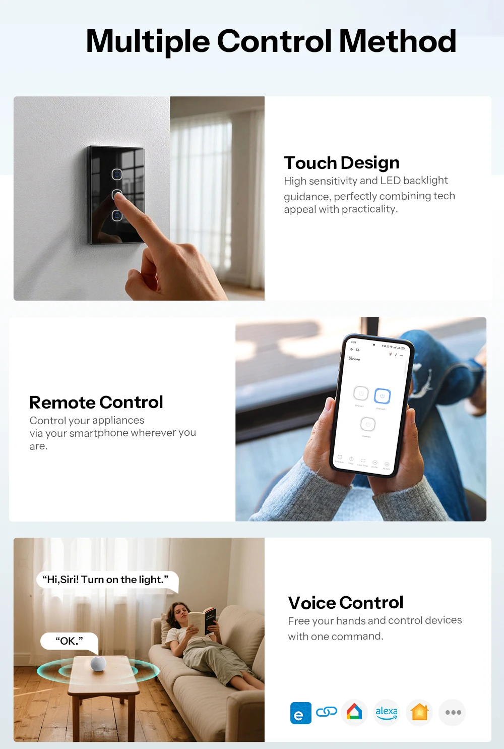SONOFF T6 120 1/2/3 Gang Black TX Gen2 Matter Smart Touch Wall Switch Detach Relay Mode Night Switch Works with Alexa Apple Home