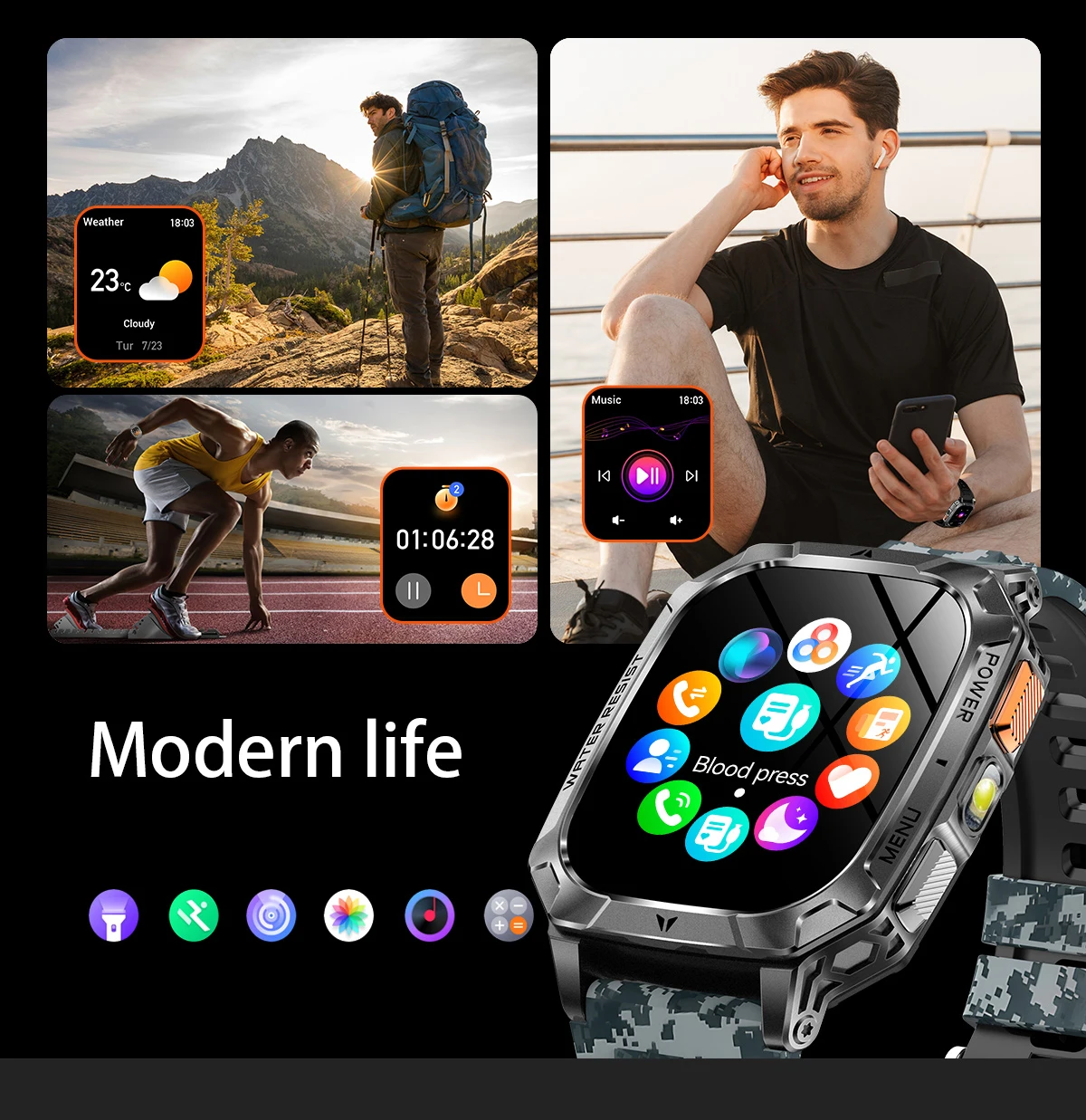 LIGE New Outdoor Military 1400 mAh Battery Smart Watch Men IP68 Waterproof LED Flashlight Health Monitor Call Sports Smartwatch