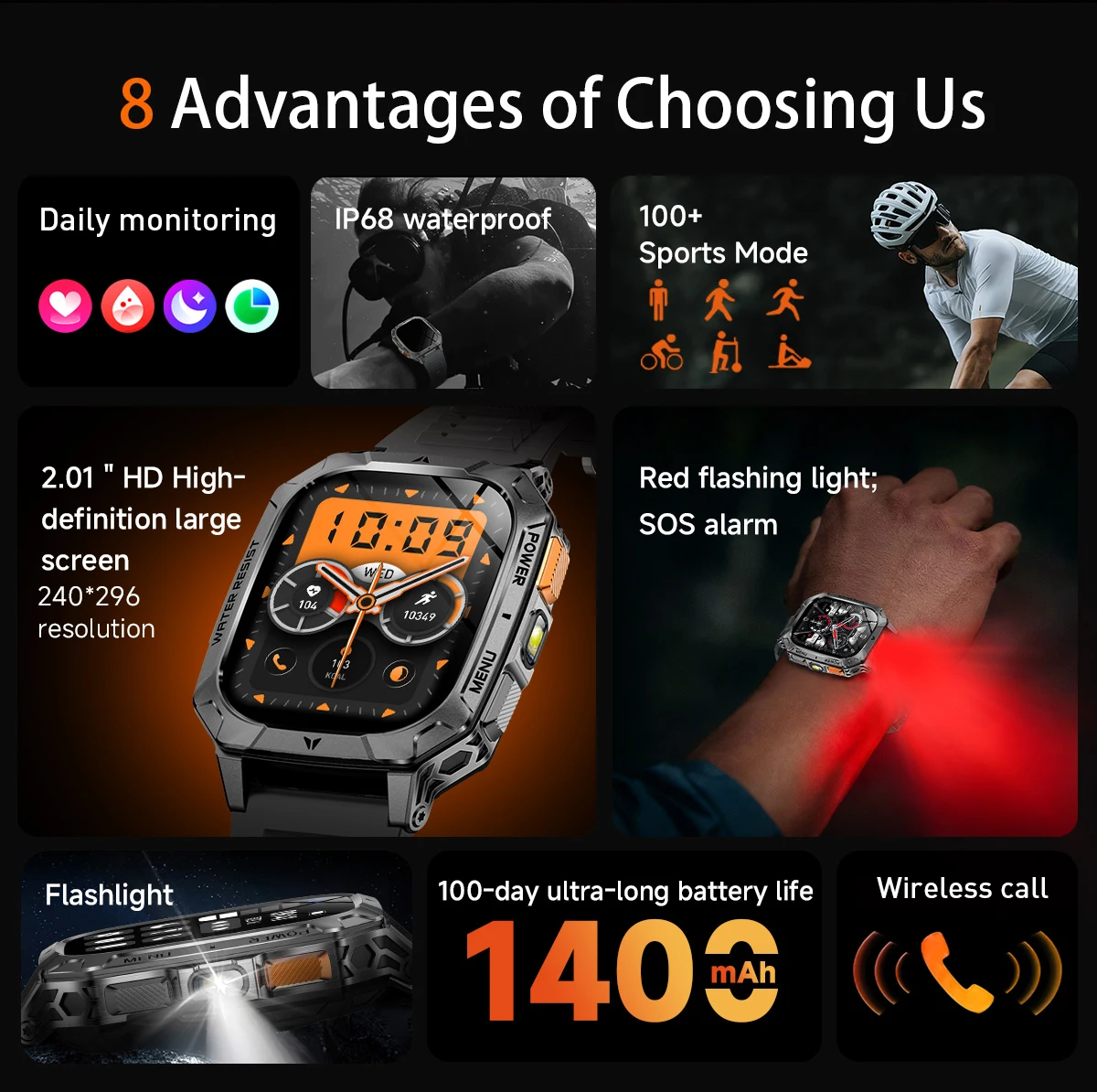 LIGE New Outdoor Military 1400 mAh Battery Smart Watch Men IP68 Waterproof LED Flashlight Health Monitor Call Sports Smartwatch