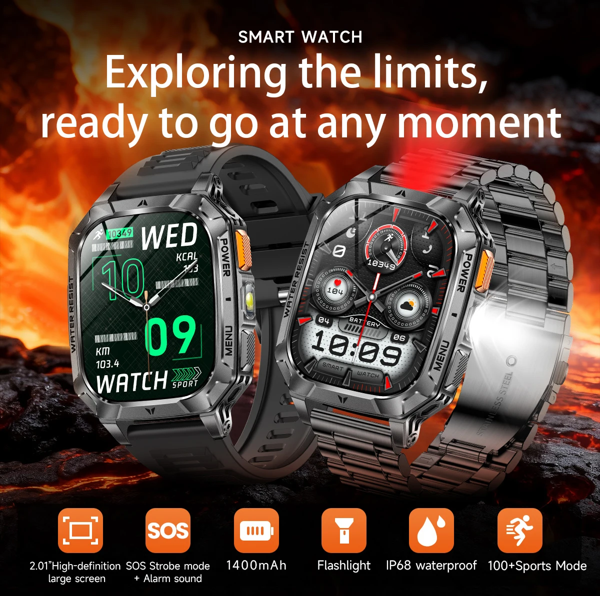 LIGE New Outdoor Military 1400 mAh Battery Smart Watch Men IP68 Waterproof LED Flashlight Health Monitor Call Sports Smartwatch