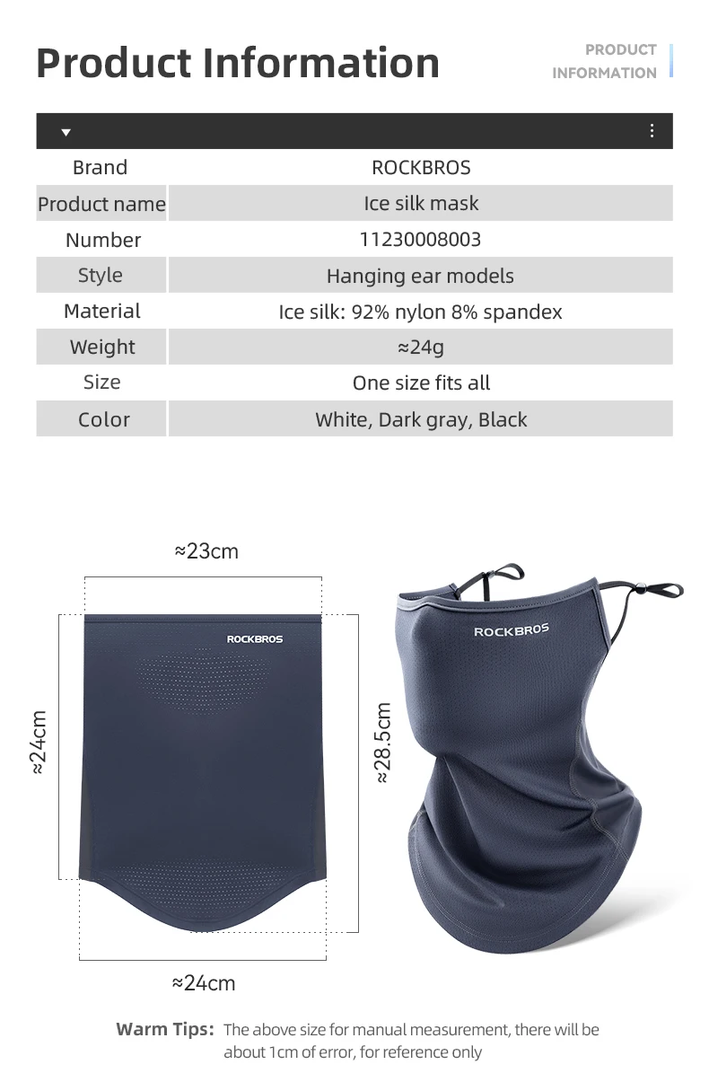 ROCKBROS Summer Ice Silk Cycling Face Mask Breathable Anti-UV Bike Face Neck Cover Bandana MTB Road Sports Hanging Ear Scarf