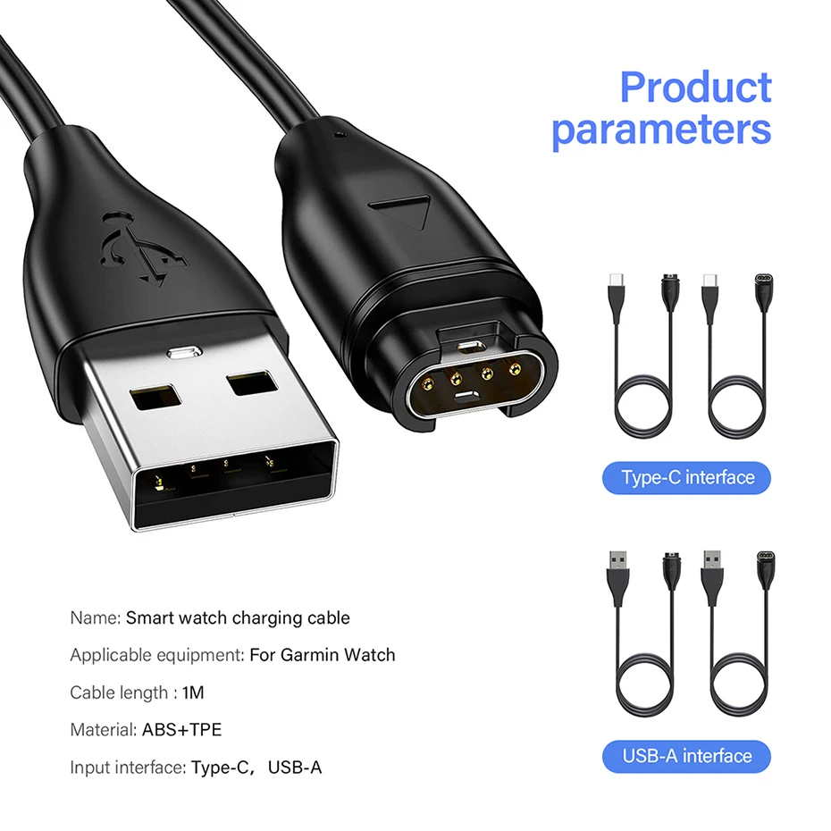USB Type A/C Magnetic Charger Cable For Garmin Fenix 5 5S 5X Plus 6 6S 6X Pro 7 7S 7X Forerunner 45 55 165 255 945 965 245 Music