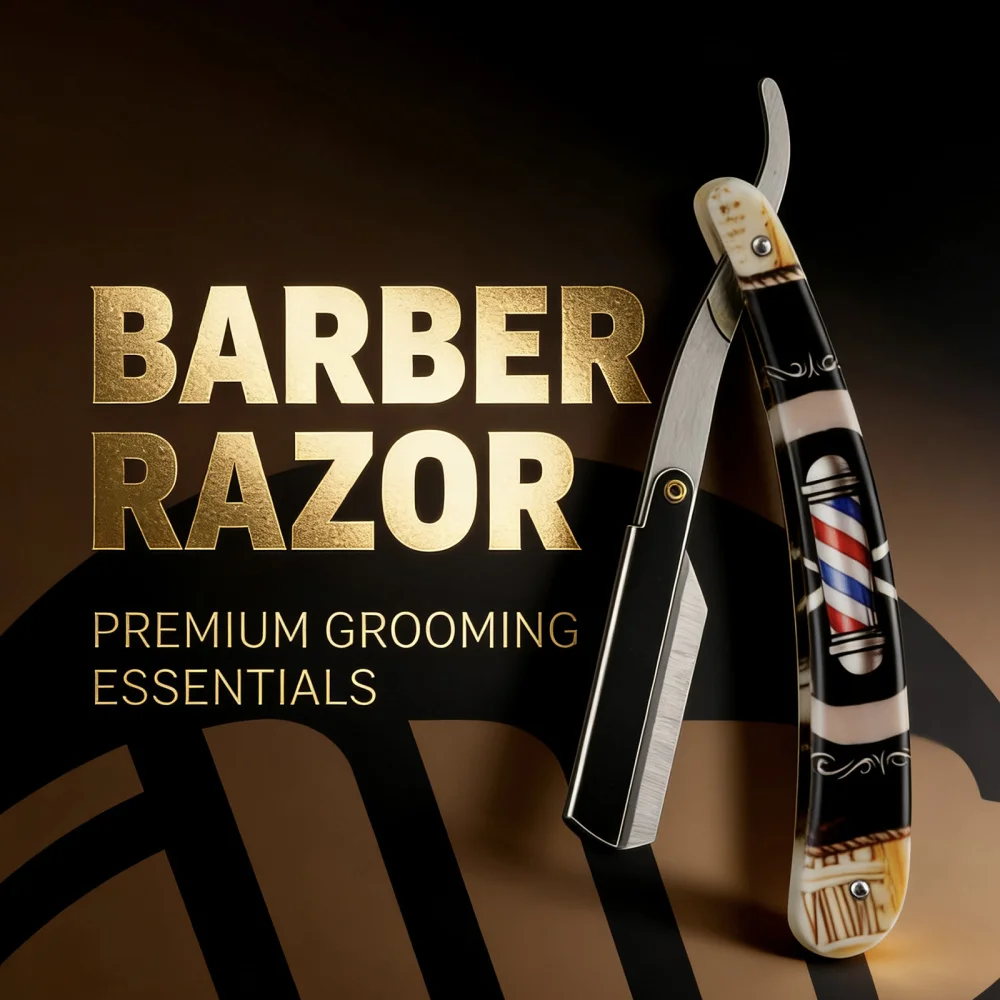 Professional Men Folding Straight Razor Set Vintage Salon Pole Handle Manual Shaver Holder Barber Hairdressing Hair Removal Tool