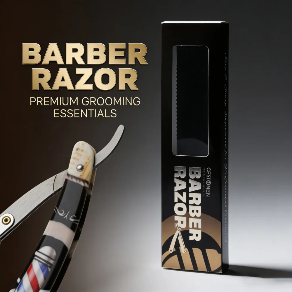 Professional Men Folding Straight Razor Set Vintage Salon Pole Handle Manual Shaver Holder Barber Hairdressing Hair Removal Tool
