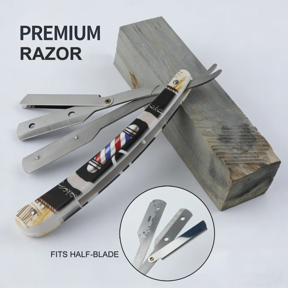 Professional Men Folding Straight Razor Set Vintage Salon Pole Handle Manual Shaver Holder Barber Hairdressing Hair Removal Tool