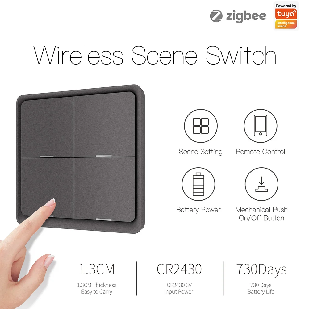 MOES 4 Gang Tuya ZigBee Wireless 12 Scene Switch Push Button Controller By Battery Setup Automation Scenario for Tuya Devices