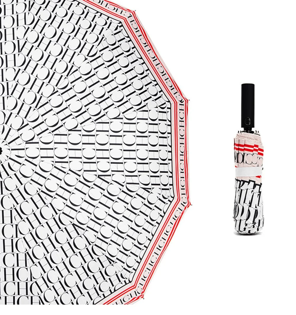 CH Monogram Full Print Portable Folding Umbrella Everyday Sun Protection UV Protection Dual Use For Sun And Rain