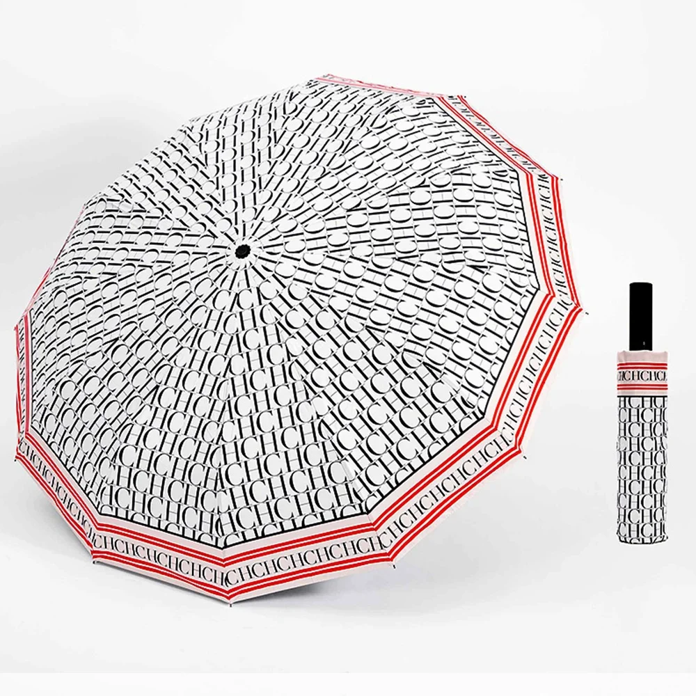 CH Monogram Full Print Portable Folding Umbrella Everyday Sun Protection UV Protection Dual Use For Sun And Rain