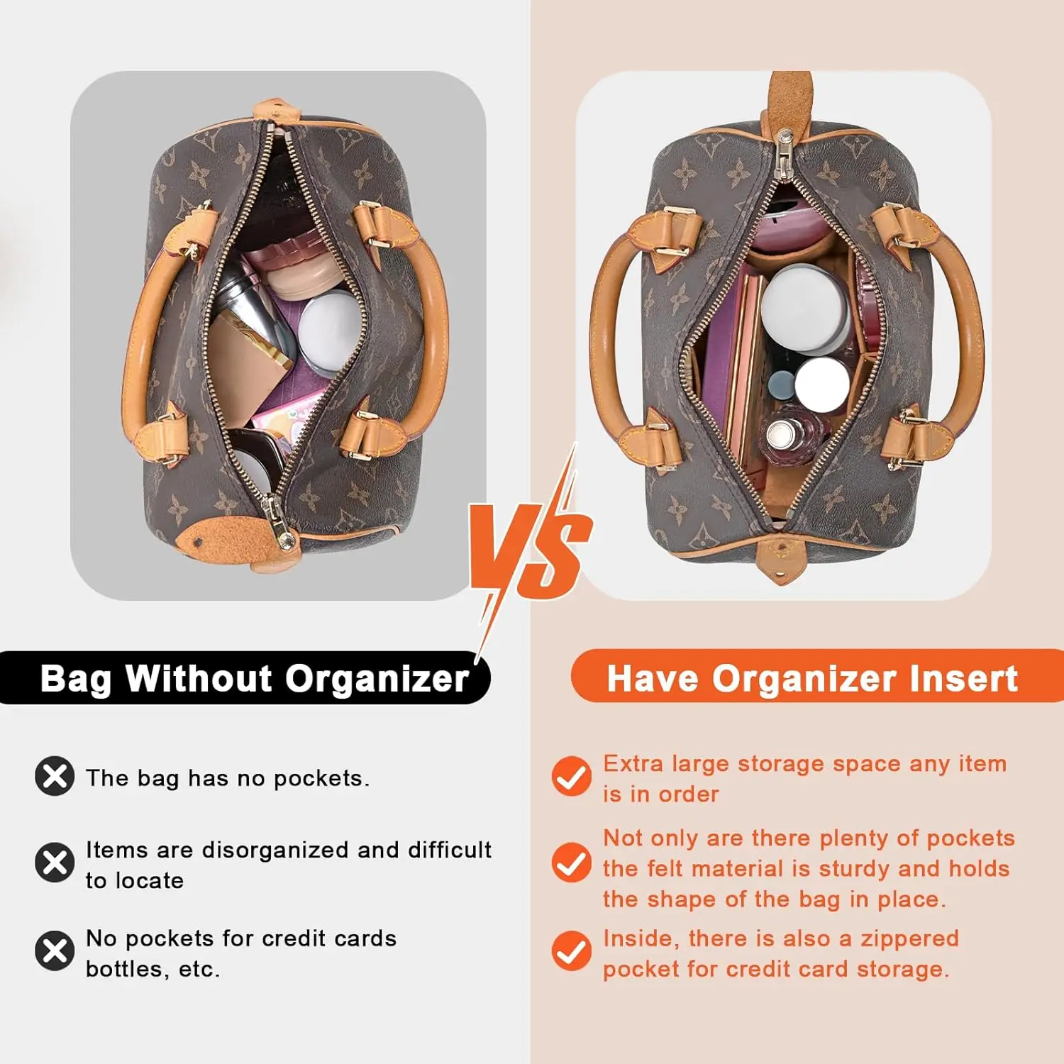 Premium Felt Organizer Insert for Boston Doctor Bag 25 30 35 Inner Shaper Pouch Handbag Base Shaper with Zipper Multi Pockets