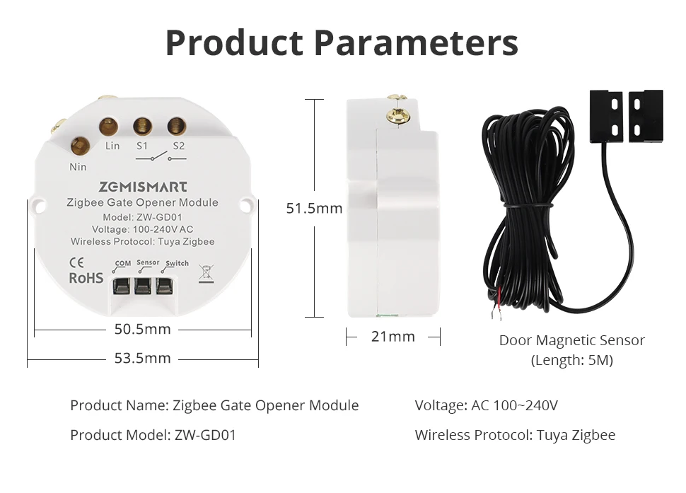Zemismart Zigbee Smart Garage Door Controller Mini Inline Switch Gate Opener Timeout Alarm Work with Tuya Smart Life App