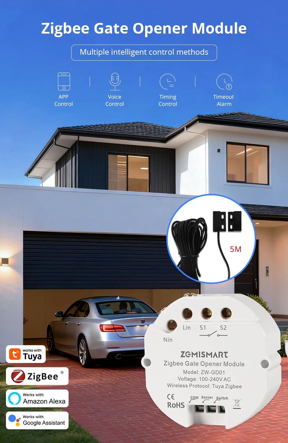 Zemismart Zigbee Smart Garage Door Controller Mini Inline Switch Gate Opener Timeout Alarm Work with Tuya Smart Life App