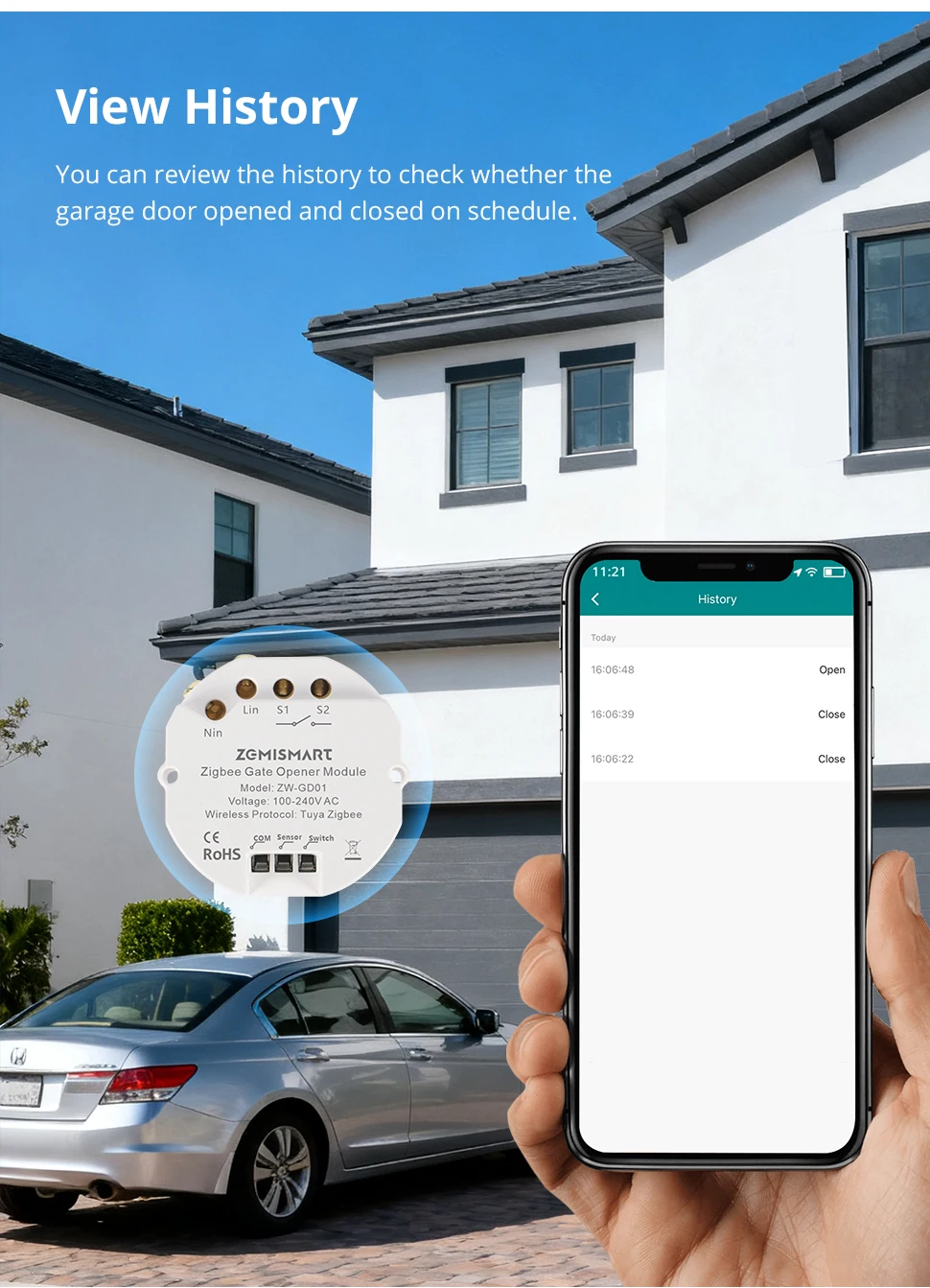 Zemismart Zigbee Smart Garage Door Controller Mini Inline Switch Gate Opener Timeout Alarm Work with Tuya Smart Life App