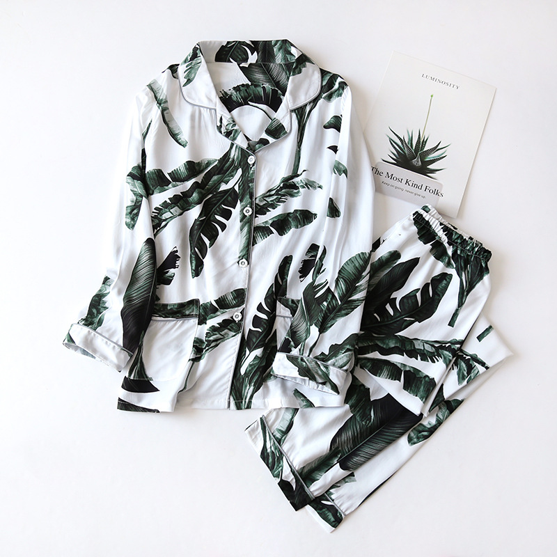 Spring / Summer New 100% Viscose Long-sleeved Trousers Ladies Pajamas Suit 3XL Plus Size Long Sleepwear Women's Home Nightwear