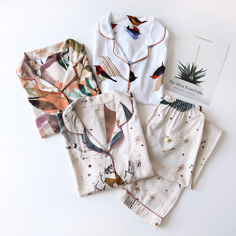 Spring / Summer New 100% Viscose Long-sleeved Trousers Ladies Pajamas Suit 3XL Plus Size Long Sleepwear Women's Home Nightwear