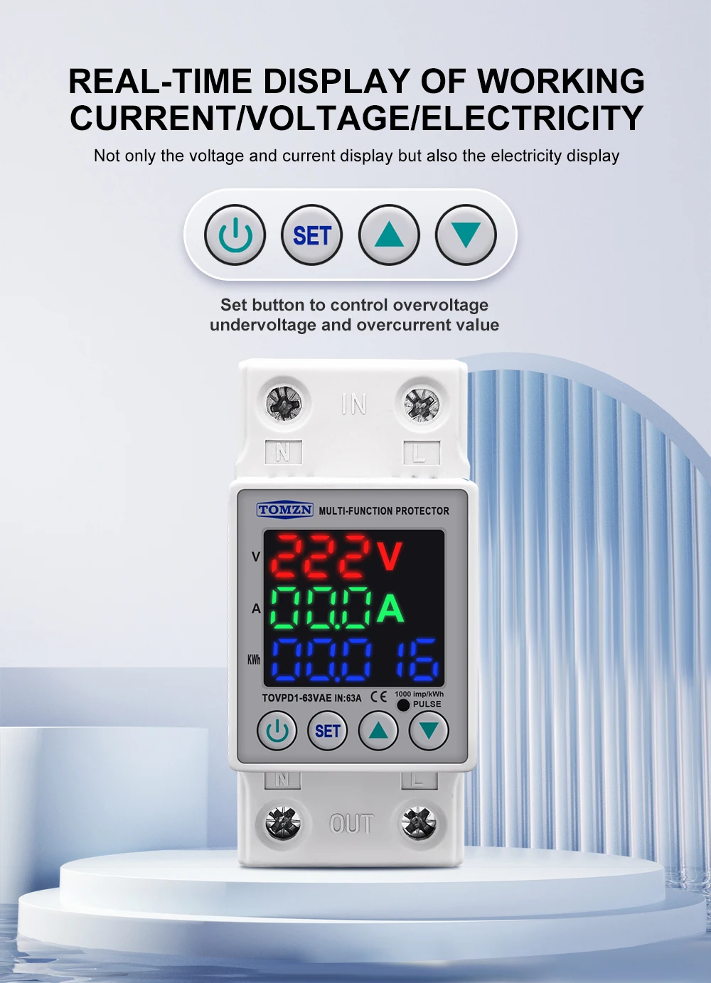 63A 230V 3IN1 Display Din Rail Adjustable Over And Under Voltage Protective Device Protector Relay With Over Current Protection