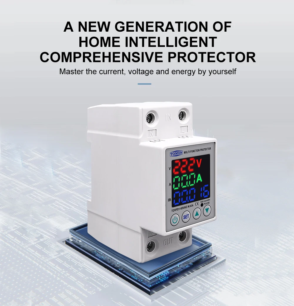 63A 230V 3IN1 Display Din Rail Adjustable Over And Under Voltage Protective Device Protector Relay With Over Current Protection