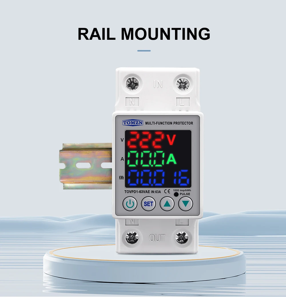 63A 230V 3IN1 Display Din Rail Adjustable Over And Under Voltage Protective Device Protector Relay With Over Current Protection