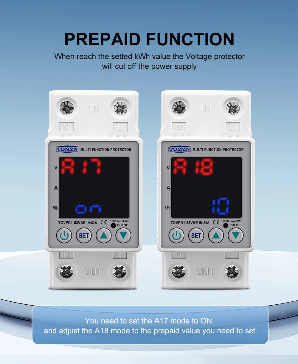 63A 230V 3IN1 Display Din Rail Adjustable Over And Under Voltage Protective Device Protector Relay With Over Current Protection