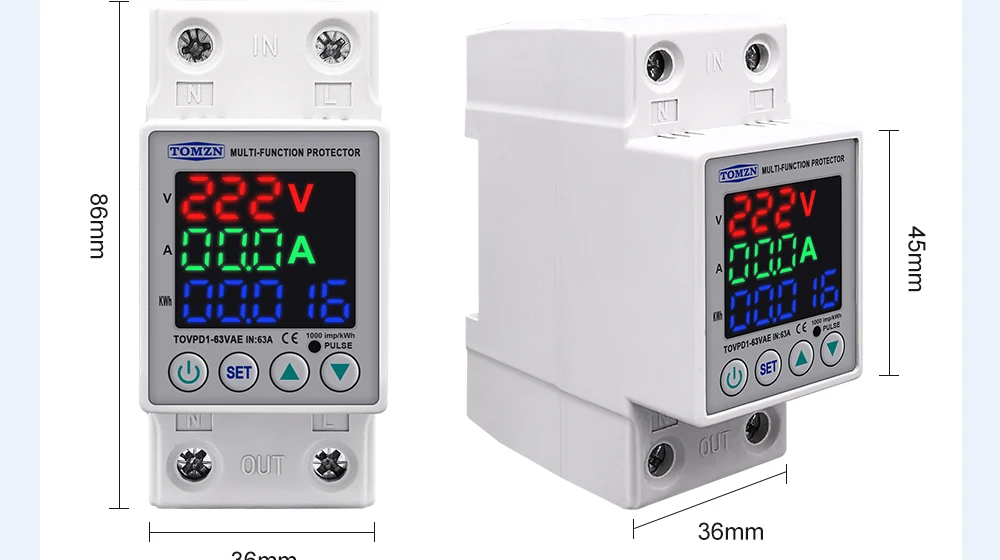 63A 230V 3IN1 Display Din Rail Adjustable Over And Under Voltage Protective Device Protector Relay With Over Current Protection