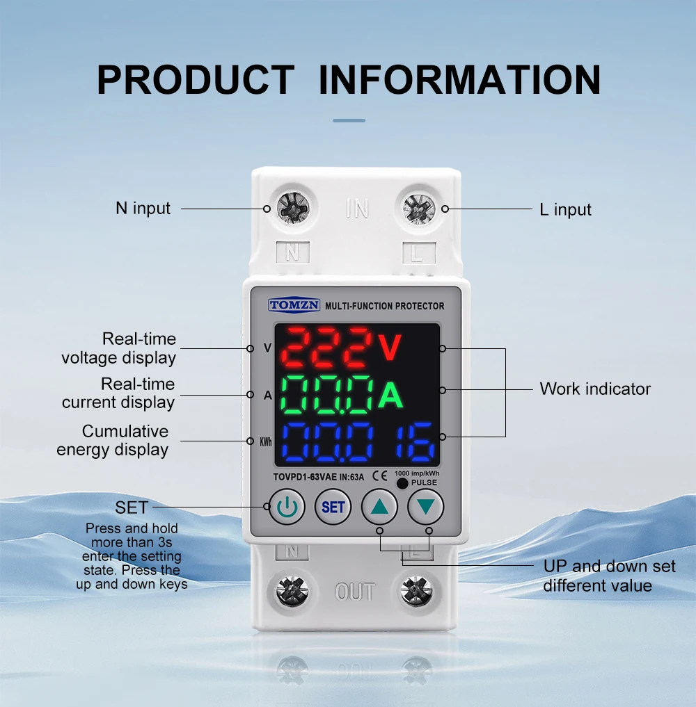 63A 230V 3IN1 Display Din Rail Adjustable Over And Under Voltage Protective Device Protector Relay With Over Current Protection
