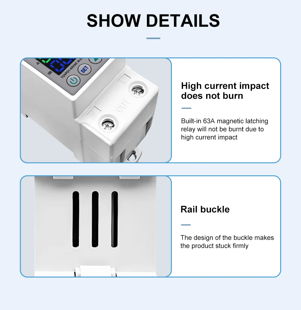 63A 230V 3IN1 Display Din Rail Adjustable Over And Under Voltage Protective Device Protector Relay With Over Current Protection