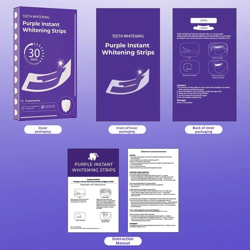 V34 Purple Teeth Whitening Strips 42Pairs Protable Teeth Whitening Product Fresh Breath Remove Stains Tooth Brightening Stickers