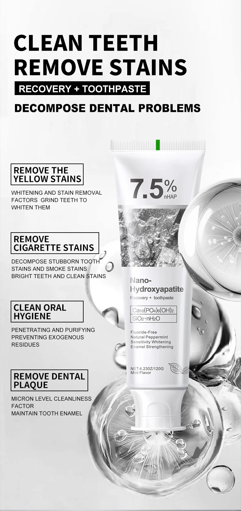 1/2/3Pcs Fluoride-Free Hydroxyapatite Toothpaste Nano-HAP Whitening Gentle Mint Breath Refreshing Stain Removal Oral Care
