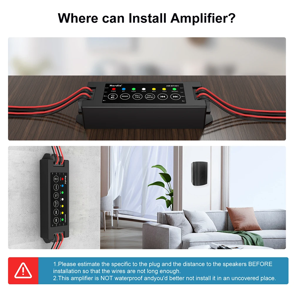 Herdio 4-Way Home Power Amplifiers Audio Bluetooth & Aux Mini Amplifier for Bathroom Wall Ceiling Speakers EU/US/UK/AU Plug