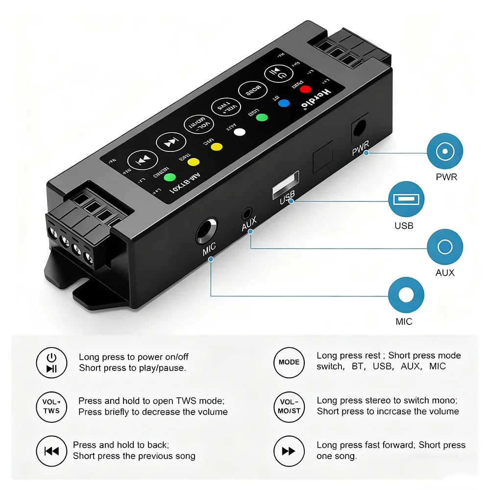 Herdio 4-Way Home Power Amplifiers Audio Bluetooth & Aux Mini Amplifier for Bathroom Wall Ceiling Speakers EU/US/UK/AU Plug