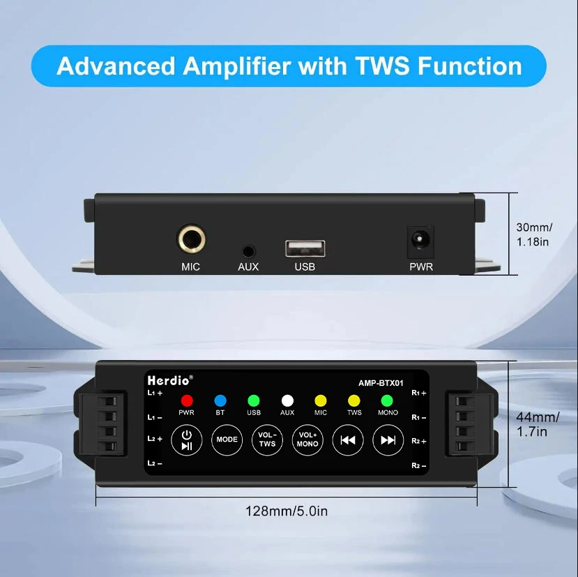 Herdio 4-Way Home Power Amplifiers Audio Bluetooth & Aux Mini Amplifier for Bathroom Wall Ceiling Speakers EU/US/UK/AU Plug