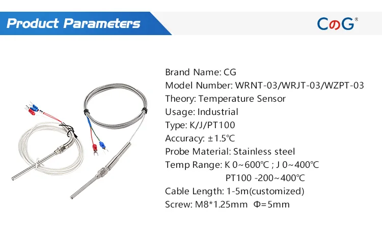 0-800 Degree M8 1m 2m 3m 5m K J PT100 Type 50mm 150mm 100mm 200mm Probe Screw Thread Cable Thermocouple Oven Temperature Sensor