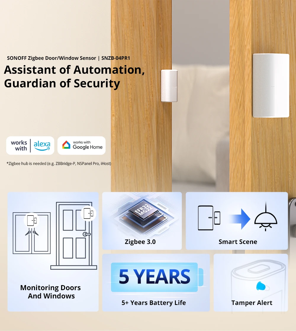 SONOFF SNZB-04PR1 Zigbee3.0 Door Window Sensor Tamper Alert Local Smart Scene Control Work with Alexa Google Home via Zigbee Hub