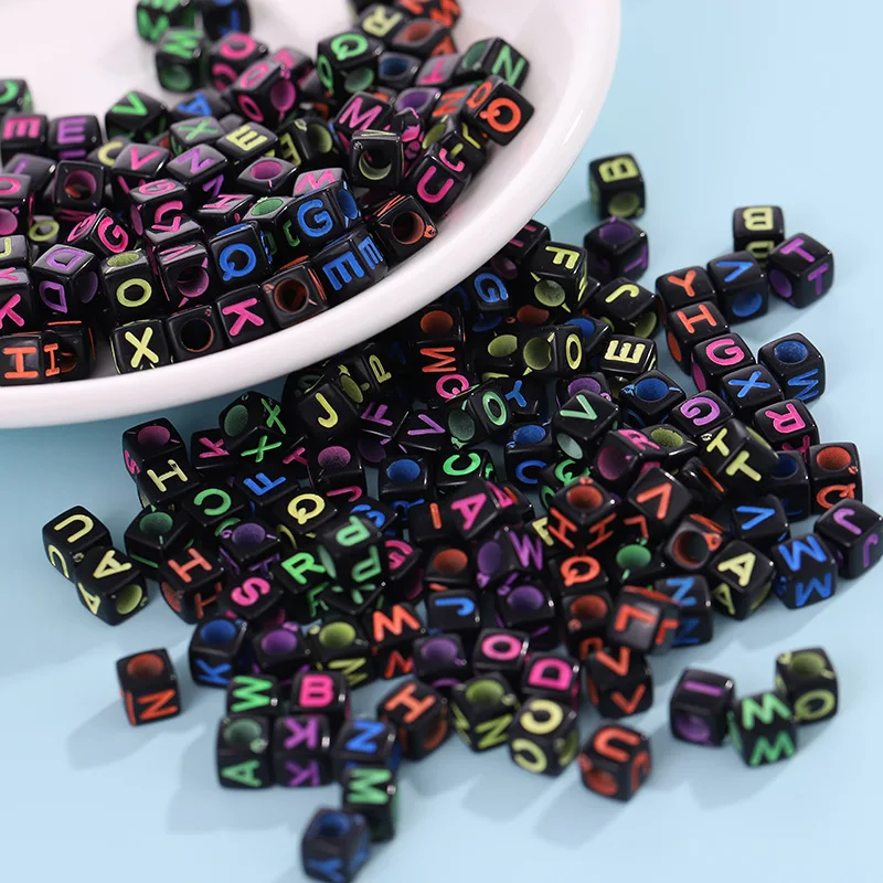 Diy Letter Beads Square Shape Bead Acrylic 6mm Single Colorful Alphabet Beads Women for Jewelry Making Bracelet Necklace 100pcs