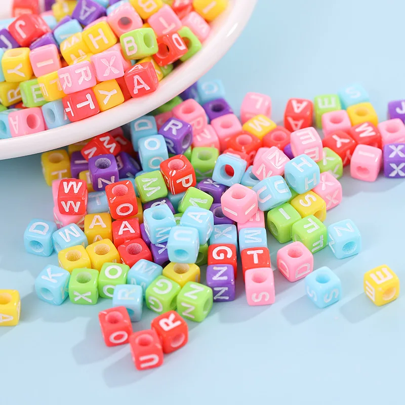 Diy Letter Beads Square Shape Bead Acrylic 6mm Single Colorful Alphabet Beads Women for Jewelry Making Bracelet Necklace 100pcs