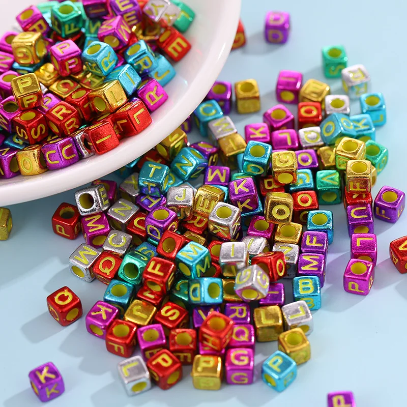 Diy Letter Beads Square Shape Bead Acrylic 6mm Single Colorful Alphabet Beads Women for Jewelry Making Bracelet Necklace 100pcs