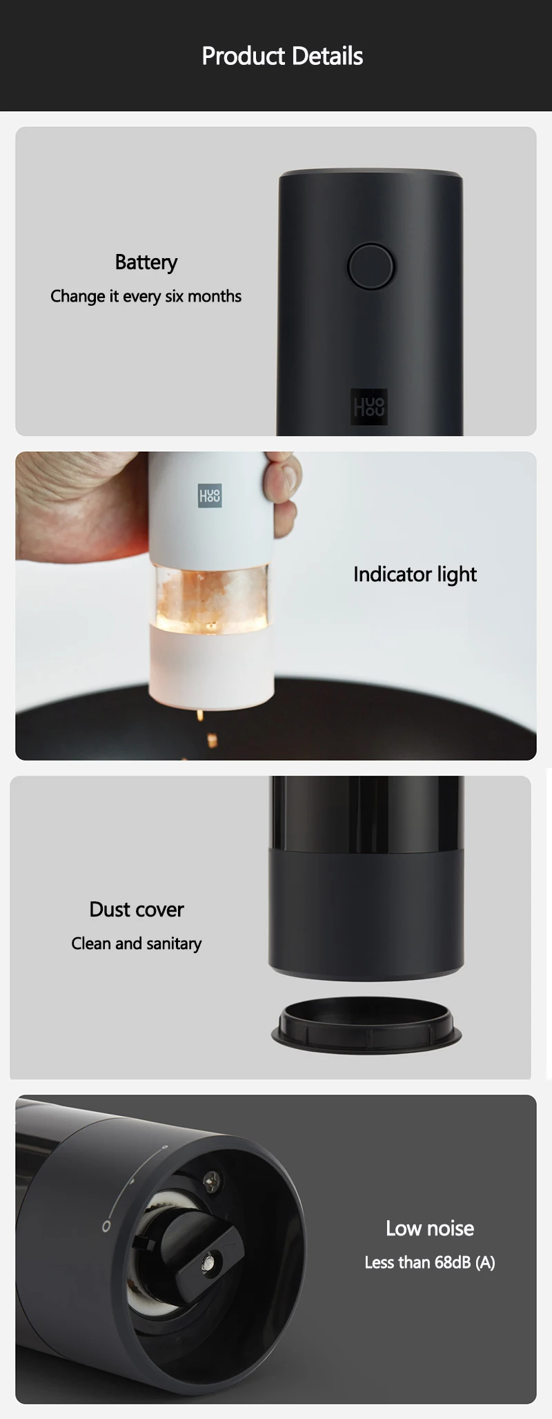 huohou Electric Grinder Automatic Mill Pepper And Salt LED Light 5 Modes Peper Spice Grain Pulverizer For Cooking