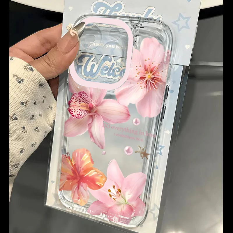 Pink Lily Flower Pattern Phone Case For iPhone 18 16 17 16e 15 14 13 12 11 Pro Max X XR XS Max 7 8 Plus Transparent Soft Cover
